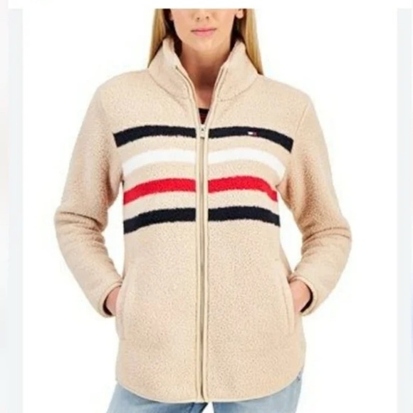 Tommy Hilfiger Women's Tan Teddy Jacket with Red and Black Stripes - Picture 1 of 5